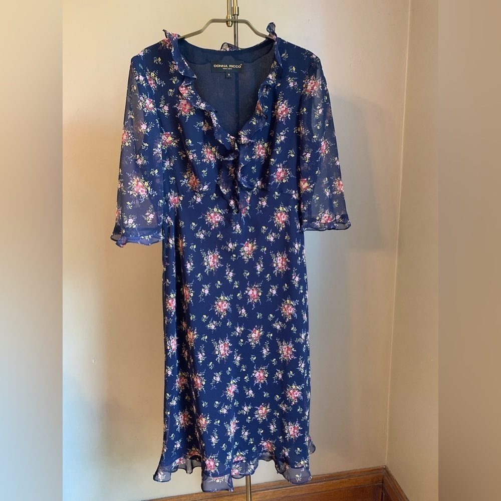 Donna Ricco dress floral classy classic sheer wedding summer party midi blue 8